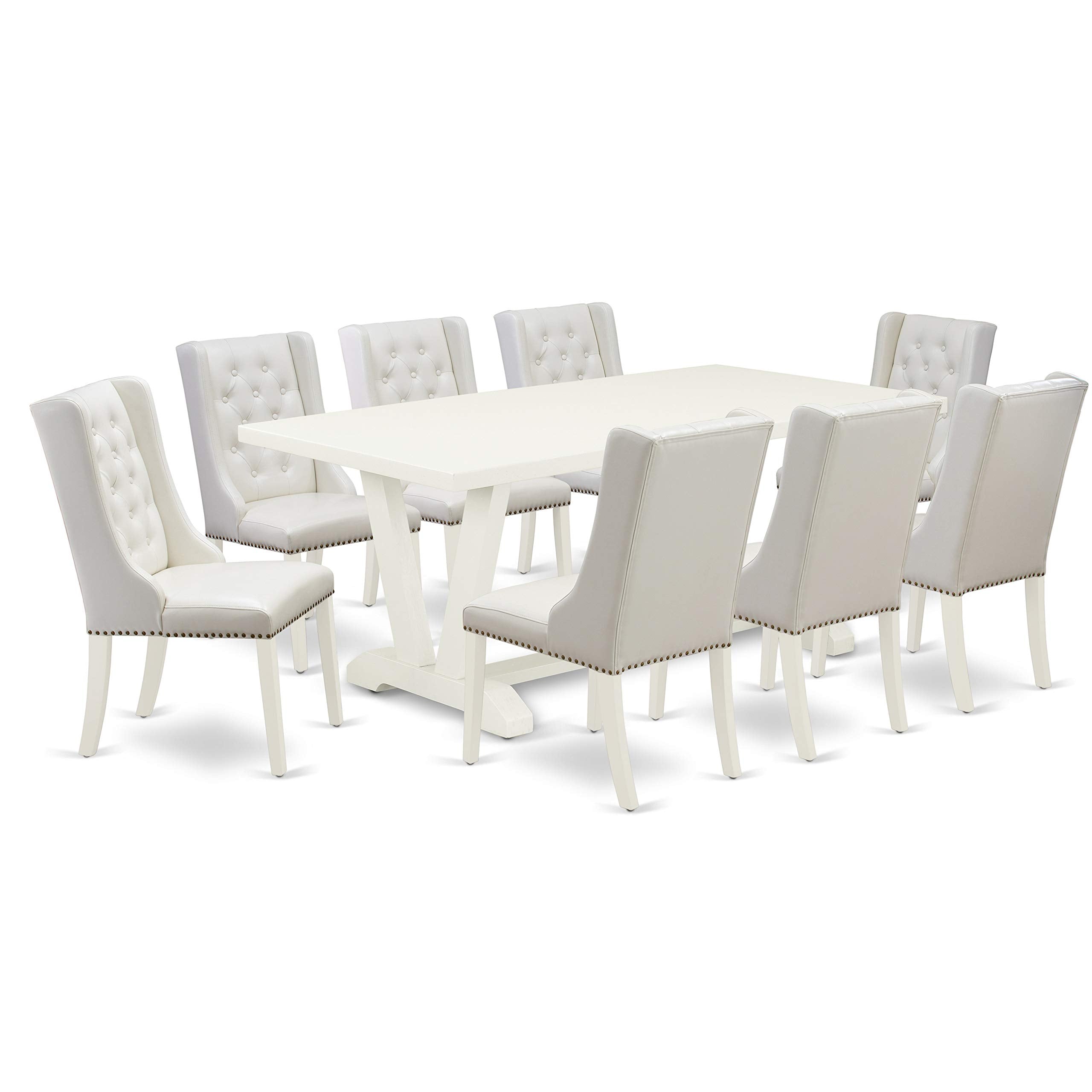 East West Furniture V027FO244-9 9 Piece Dining Set Includes a Rectangle Dining Room Table with V-Legs and 8 Light Grey Faux Leather Upholstered Chairs, 40x72 Inch, Multi-Color